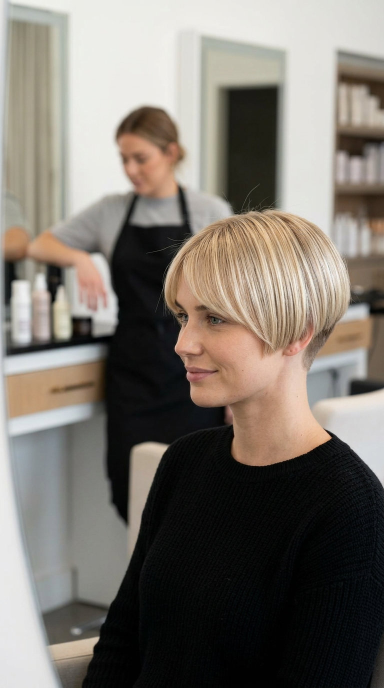 very short blunt pixie haircut in buttercream blonde with golden babylights, blunt side-swept fringe — minimalist