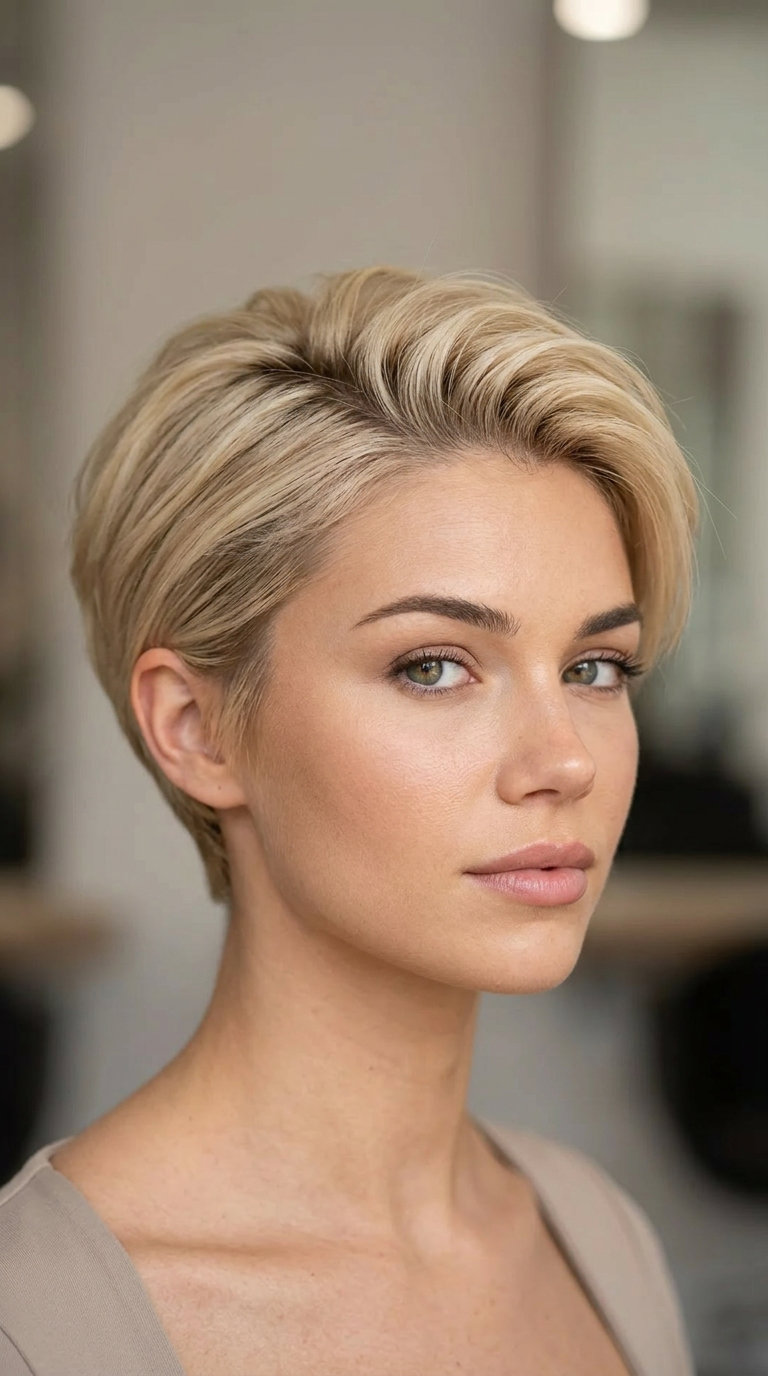 very short sculpted pixie haircut in warm buttercream blonde with vanilla root shadow and deep side part for summer