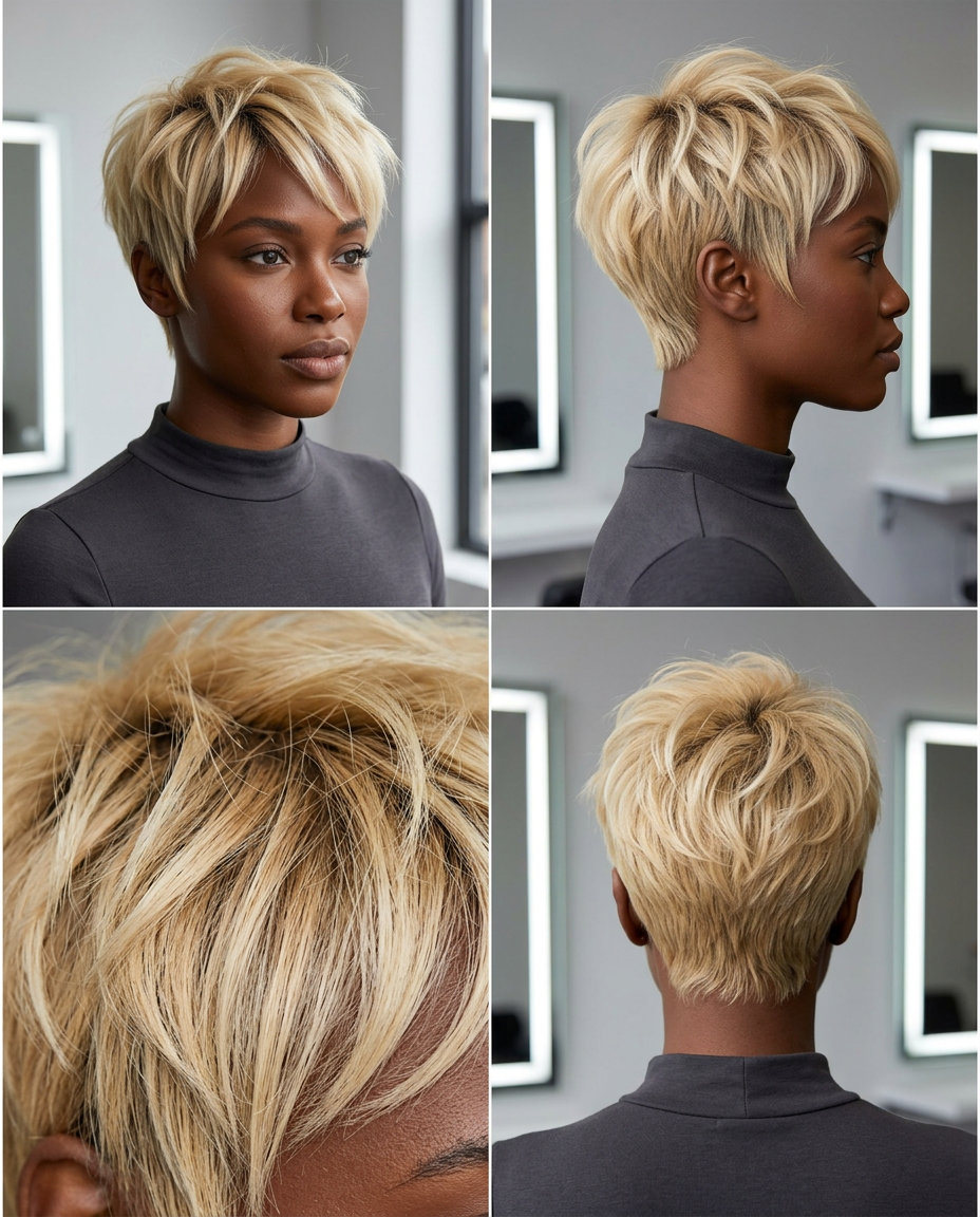 very short textured pixie haircut in buttercream blonde with honey lowlights and root shadow for summer