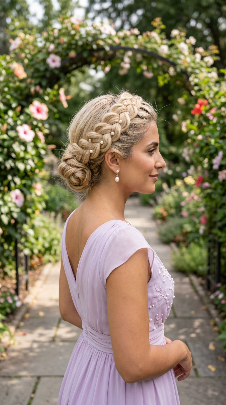 long braided crown with pearl accents and buttercream blonde color for summer wedding guest hairstyles 2026