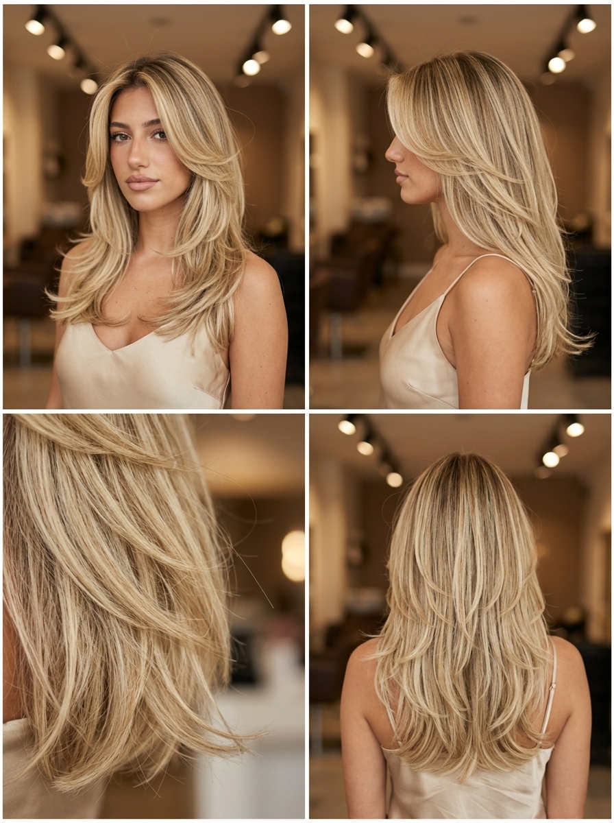 long butterfly haircut in warm buttercream blonde with honey babylights, face-framing layers for summer date night