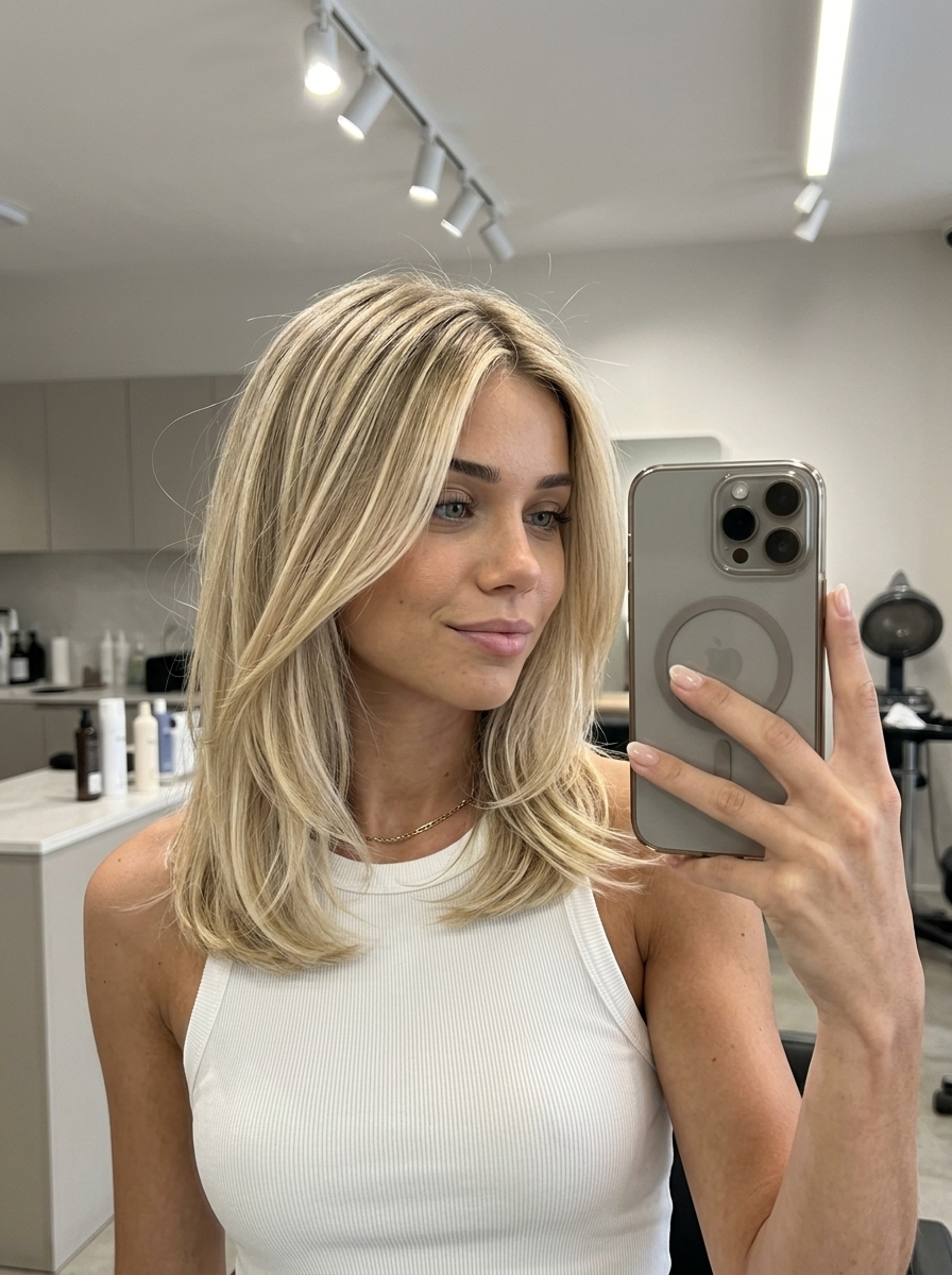 long layered hair with buttercream blonde babylights, vanilla root smudge, luxurious mood for summer