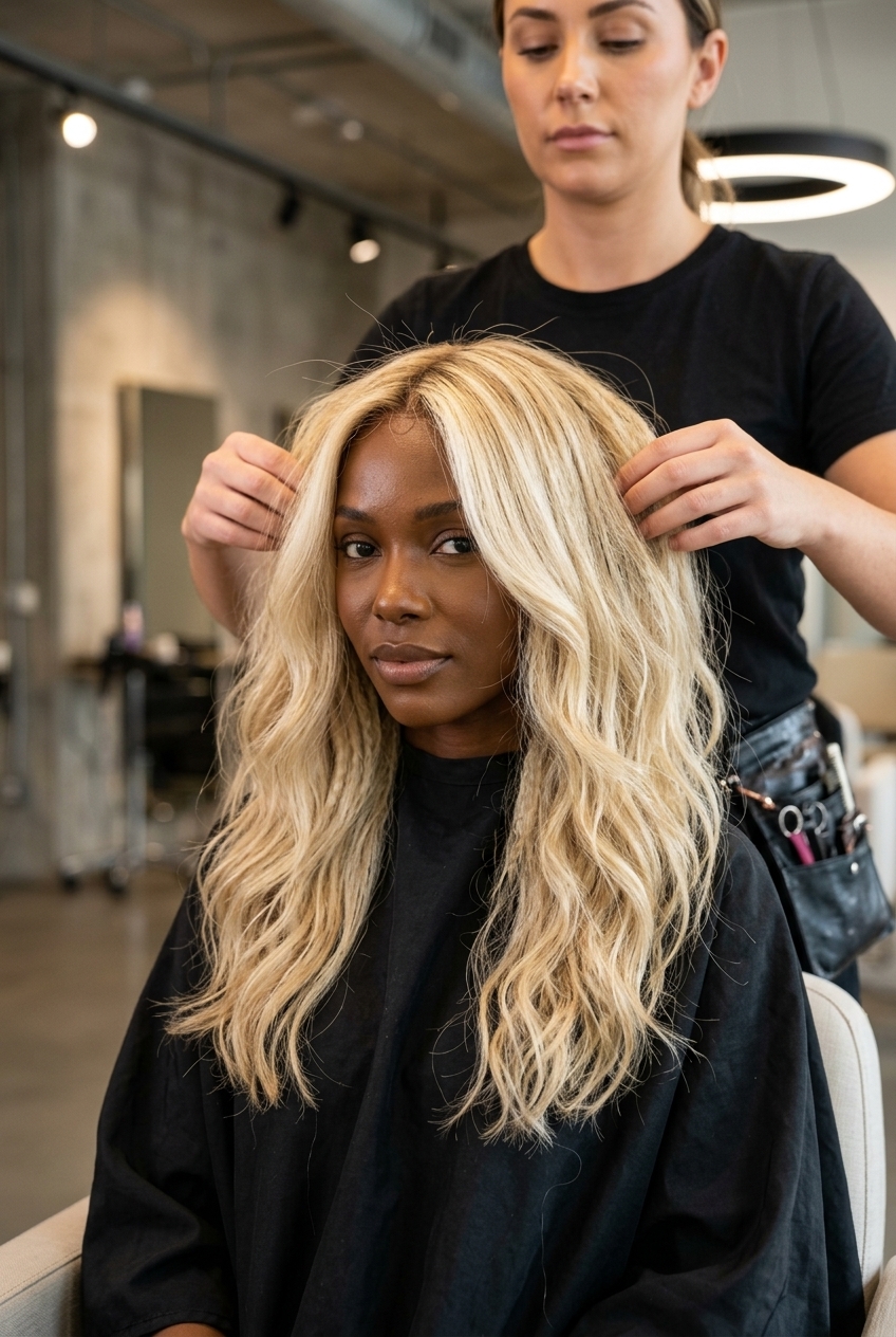 long crimped haircut with buttercream blonde, platinum babylights, dark vanilla root — bold playful