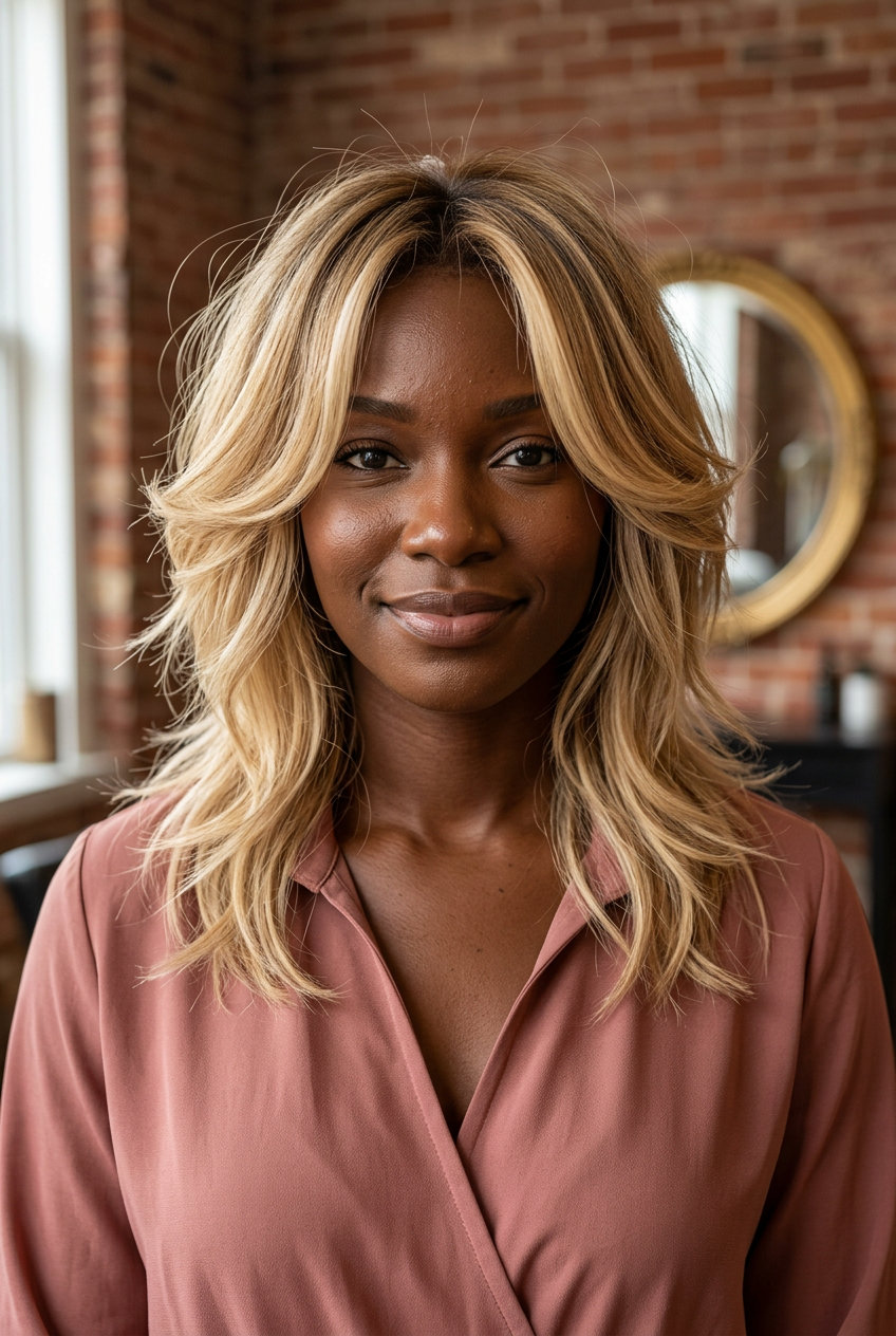 long shag haircut in buttercream blonde with honey babylights, textured layers, playful mood