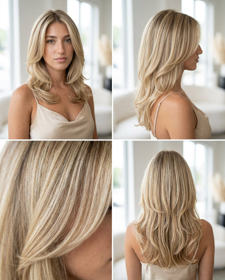 long wavy haircuts with buttercream blonde, fine babylights — Luxe, elegant, polished