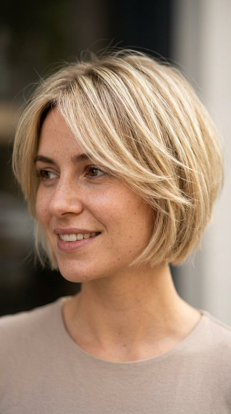 short bixie haircut buttercream blonde with golden babylights, feathered layers, side-swept fringe — playful sun-kissed look