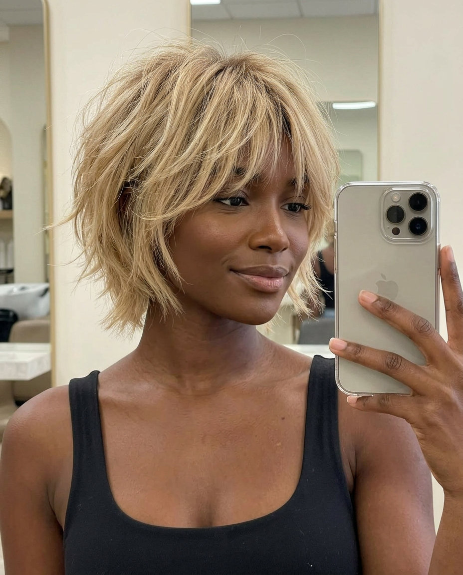 short razored cub haircut buttercream blonde with honey balayage, choppy layers, eye-grazing fringe — playful festival look
