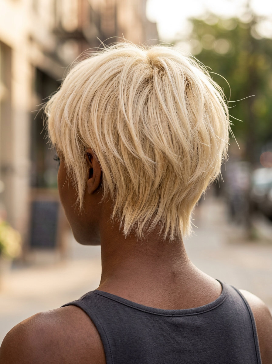 short choppy bixie haircut in pale buttercream yellow with creamy highlights and micro-fringe