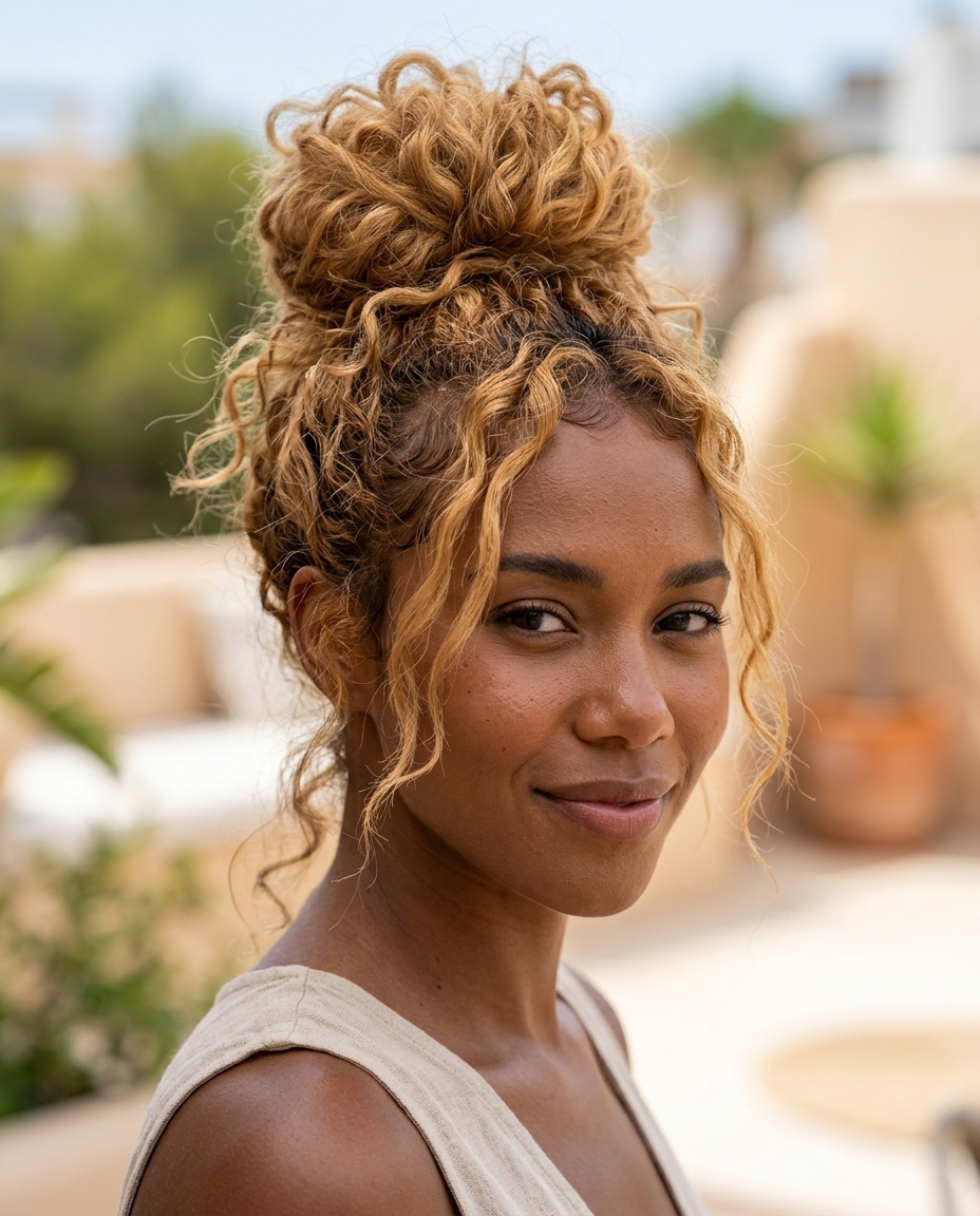 Y2K Messy Top Knot: Pretty Summer Hairstyle for Black Women 2026 long butterscotch blonde messy top knot with honey tendrils and dark roots