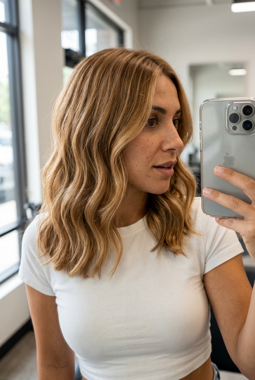 medium butterscotch blonde hair color with honey babylights and layered cut for vacation
