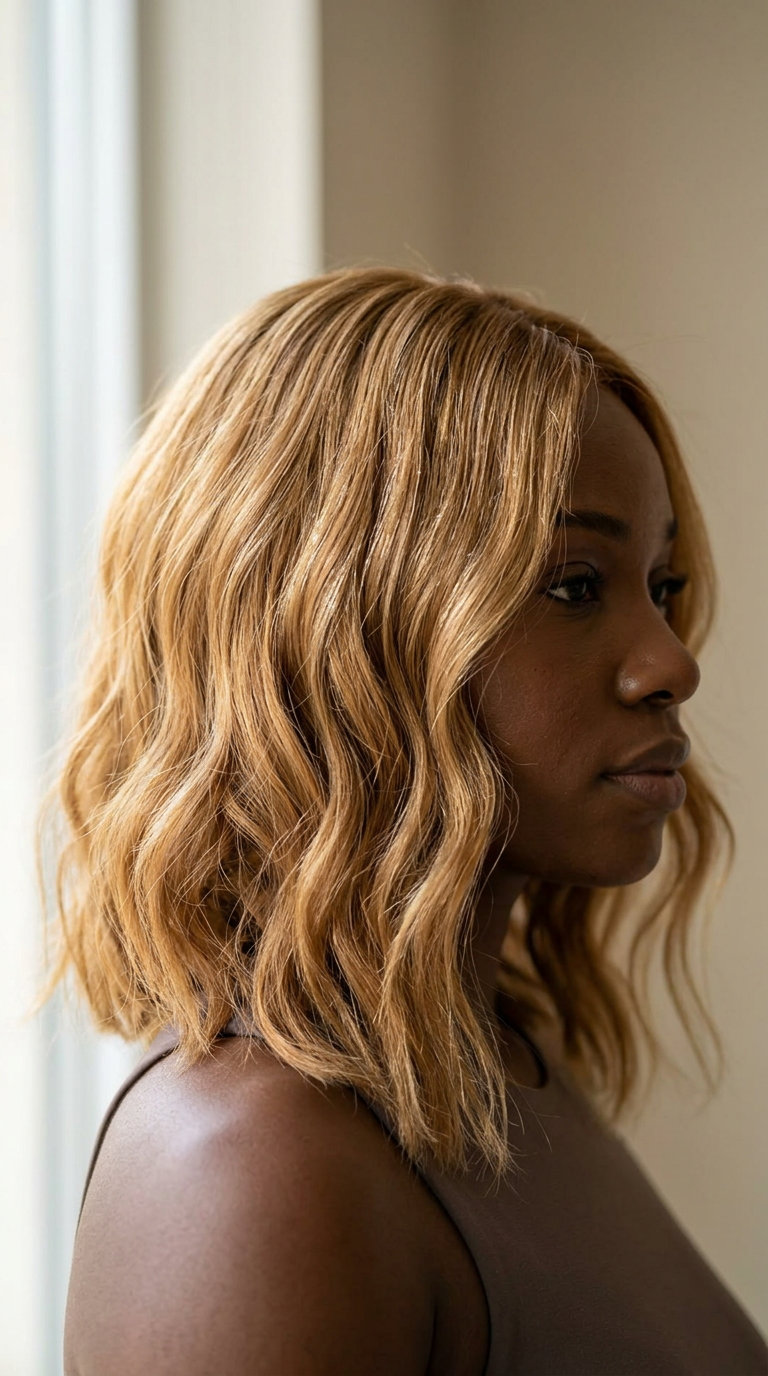 Butterscotch Blonde Lob: Pretty Summer Hairstyle for Black Women 2026 shoulder-length butterscotch blonde lob with subtle waves and honey lowlights