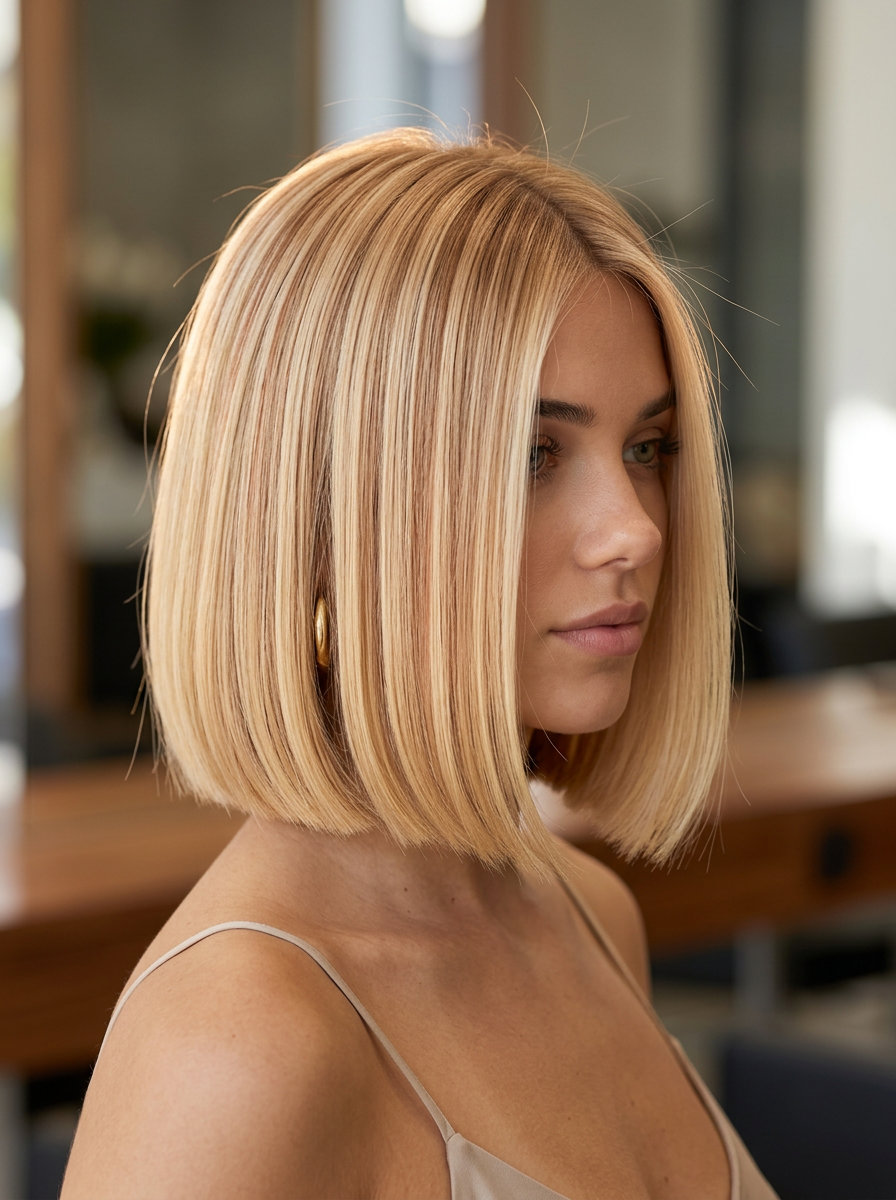 short chin-length butterscotch strawberry blonde bob with blunt cut and vanilla root shadow for professional settings