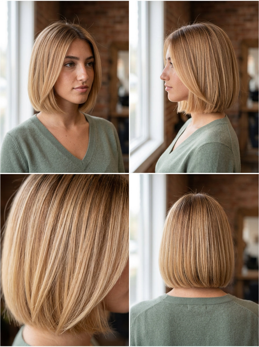 short creamy butterscotch strawberry blonde french bob with blunt cut and root smudge for chic events