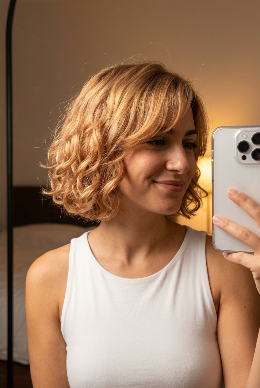 shoulder-length curly bob haircut in butterscotch strawberry blonde with side fringe for date night