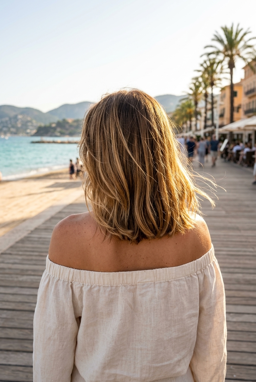 medium lob haircut with warm caramel balayage, face-framing layers, no bangs — effortless & beachy