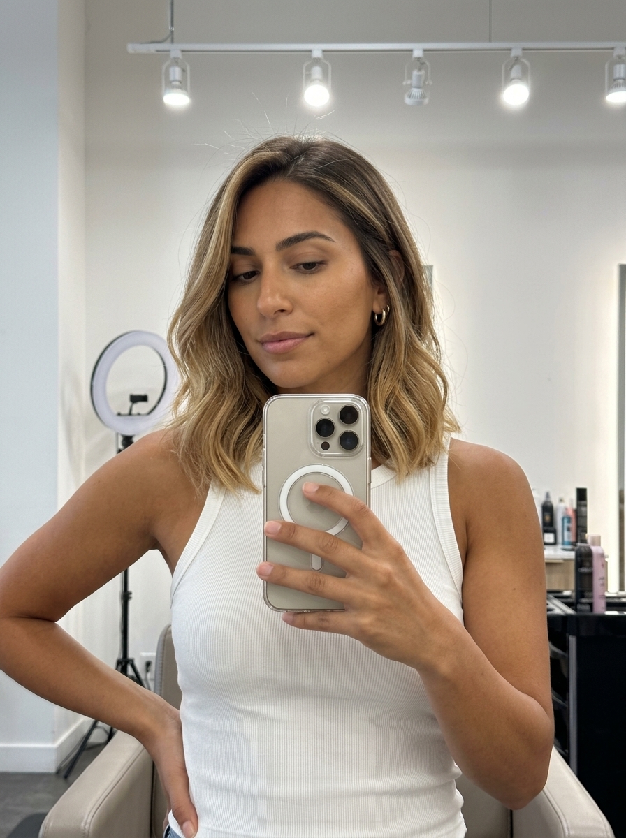 medium textured lob haircut with warm caramel, golden blonde ombré, no bangs — boho festival