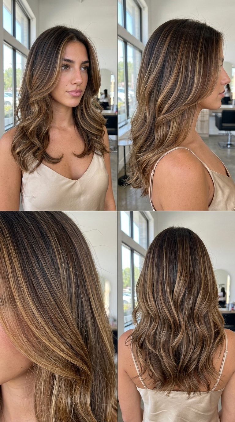 Caramel Ribbon Bronde Melt 2026 long layered bronde with caramel ribbon melt, balayage — romantic, rich