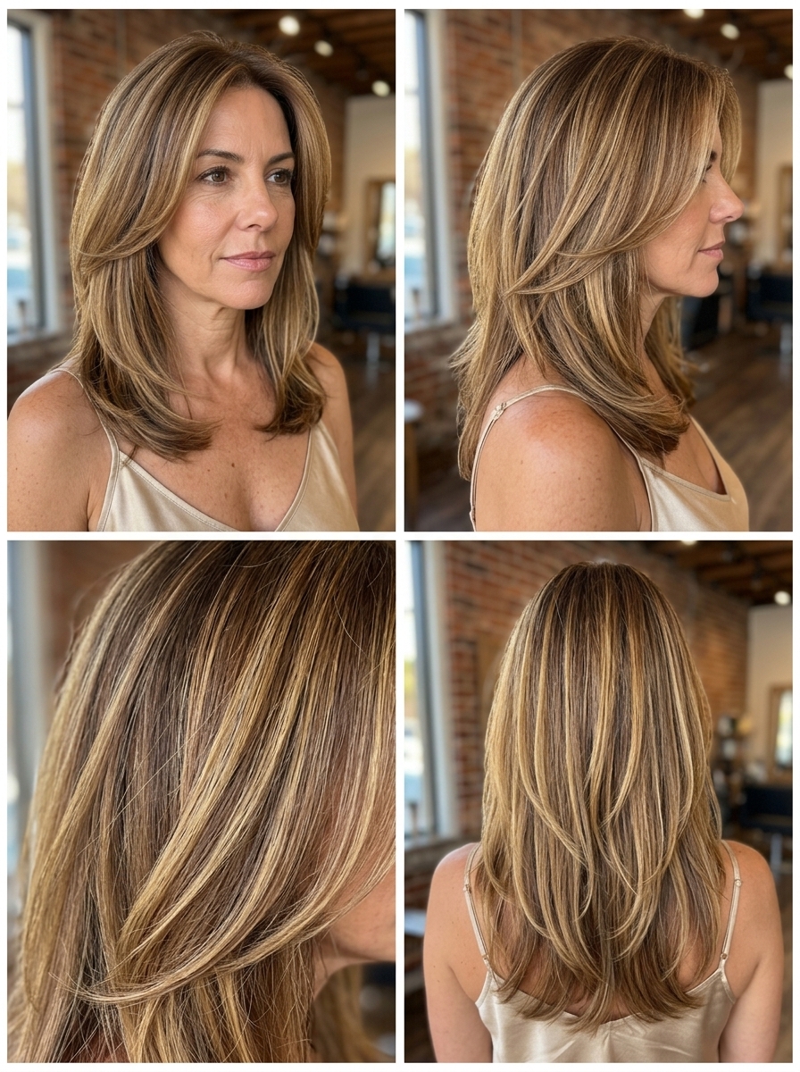shoulder-length layered haircut in warm caramel brunette with golden balayage for effortless elegant daily wear