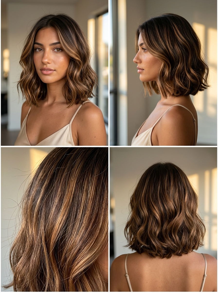 chin-length Italian bob haircut with caramel balayage and face-framing layers for romantic looks