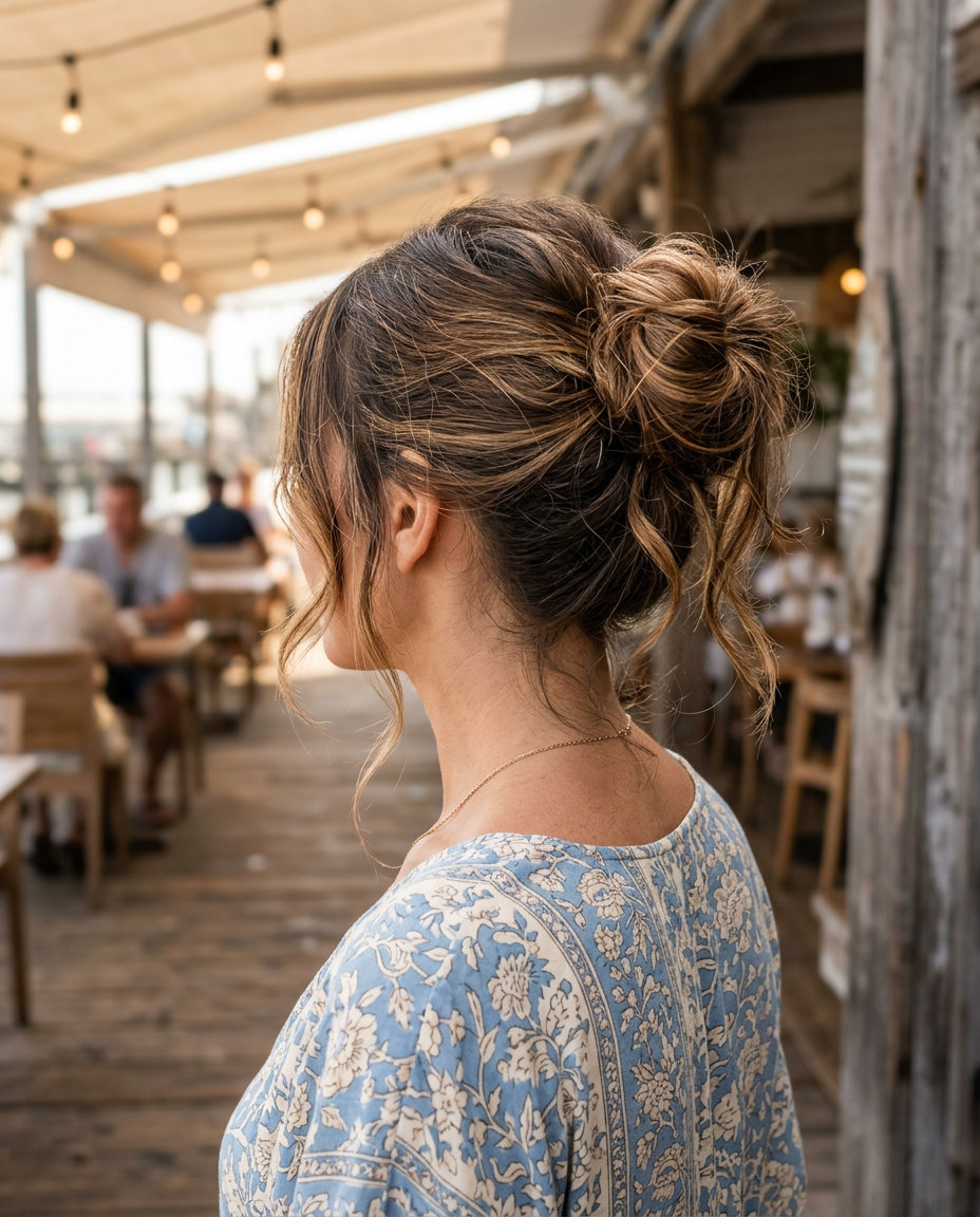 long wavy hair with caramel highlights, messy bun with face-framing tendrils for weekend