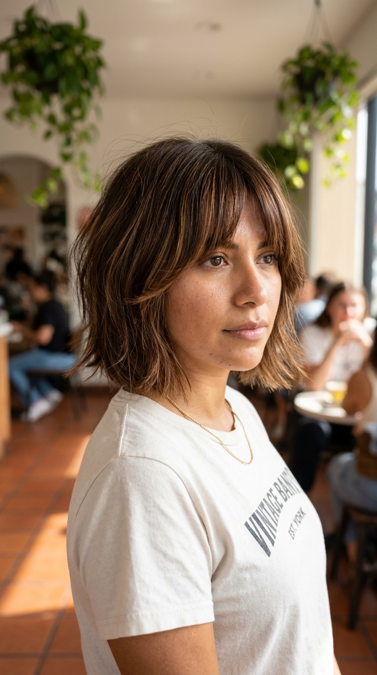 short shag bob with caramel highlights and bottleneck bangs for music festival