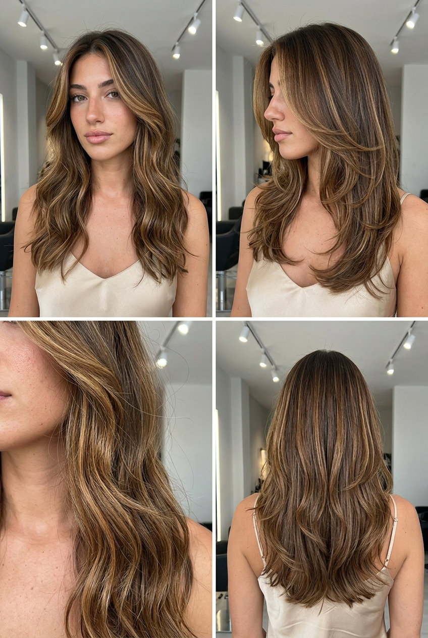 long wavy haircuts with syrup brunette, caramel balayage — Bold, modern, sophisticated