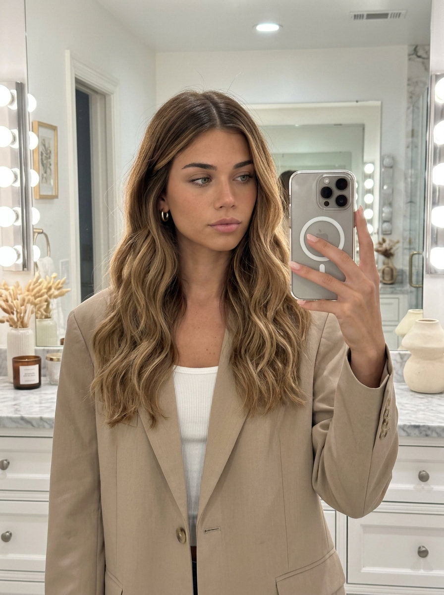 long wavy haircuts with caramel ombré, honey face-frame — Romantic, radiant, effortless