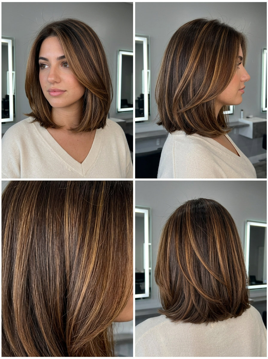 medium bob with caramel swirl lowlights, babylights, sophisticated mood for summer