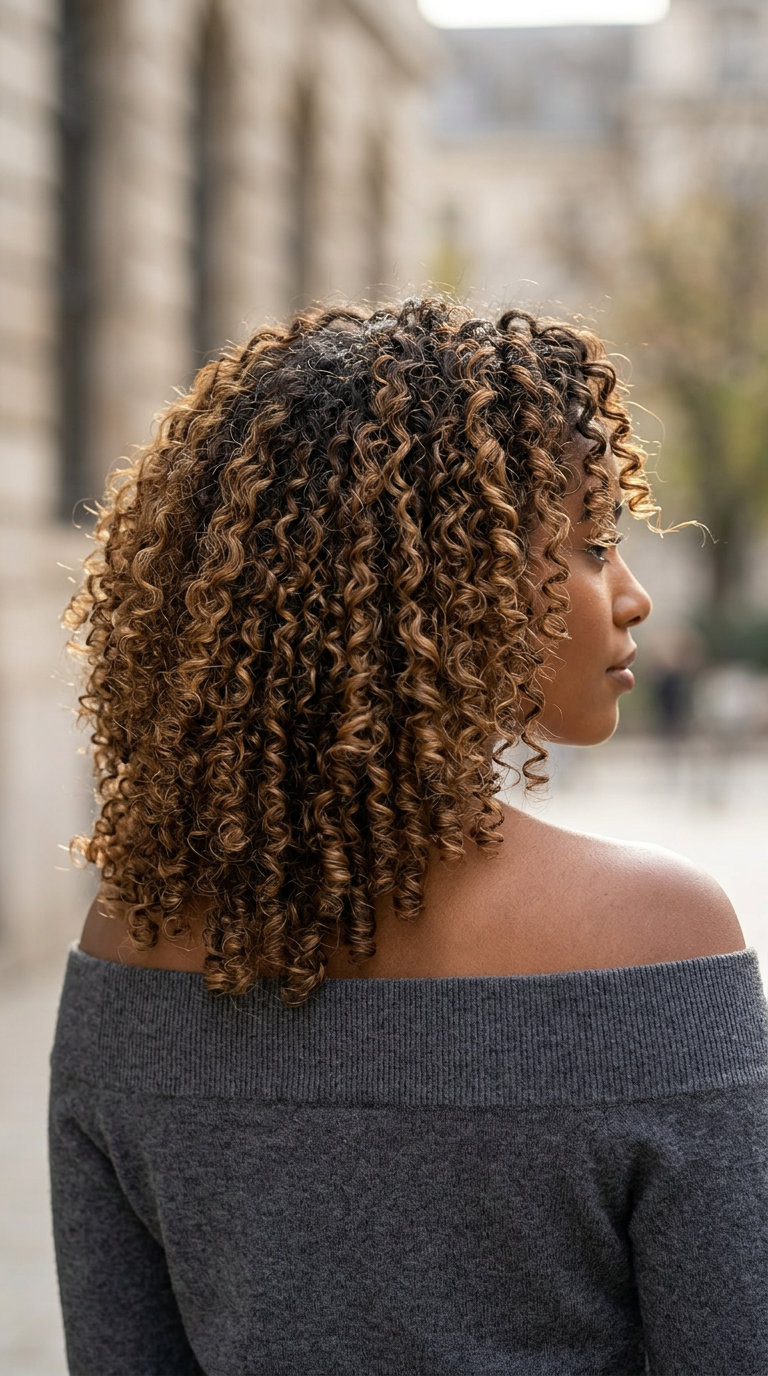 medium warm caramel swirl curl haircut with defined coils and face-framing fringe for casual