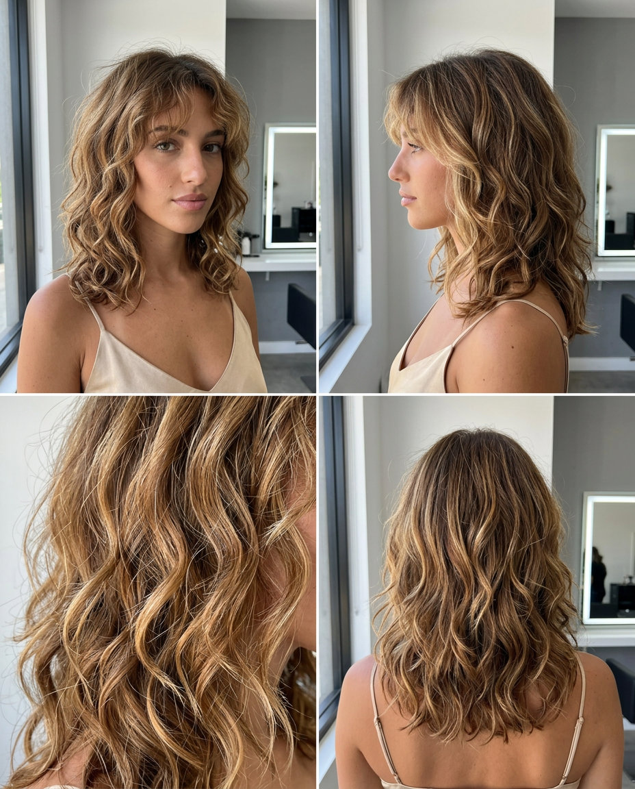 medium-length curly shag with caramel balayage and face-framing fringe for summer