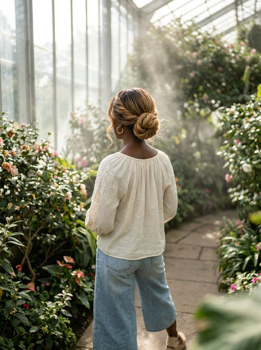 Caramel Ombré Twist Updo 2026 long summer solstice twist updo with caramel ombré golden blonde tones, twisted bun, face-framing tendrils — relaxed