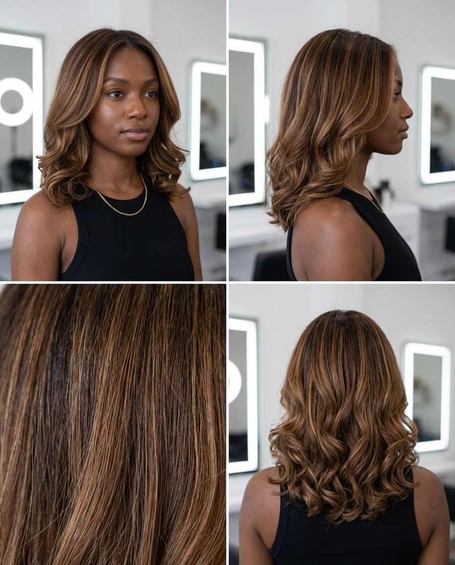 long layered caramel balayage with air touch technique