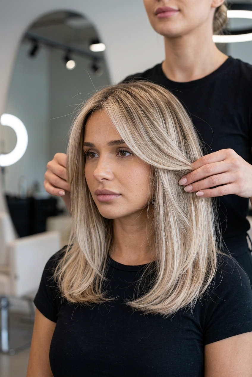 long champagne blonde ombre with pale beige, subtle gold, natural mood