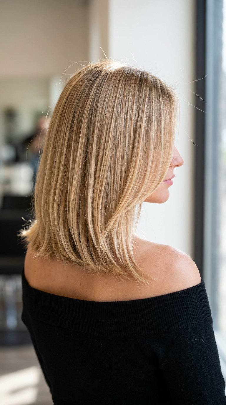 collarbone-length champagne gold lob with point-cut ends and minimal face-framing layers for elegant look