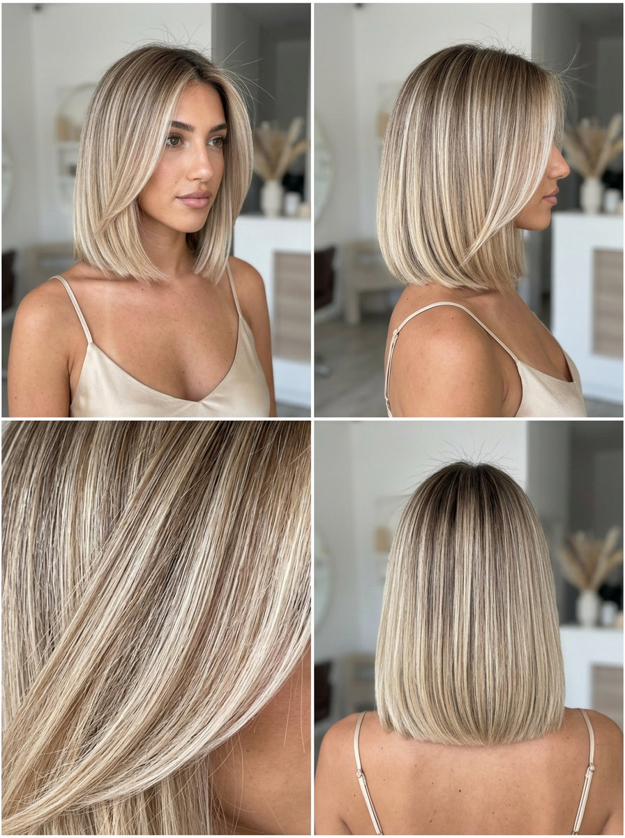 long champagne blonde air touch balayage with pearly highlights, subtle root shadow — elegant professional