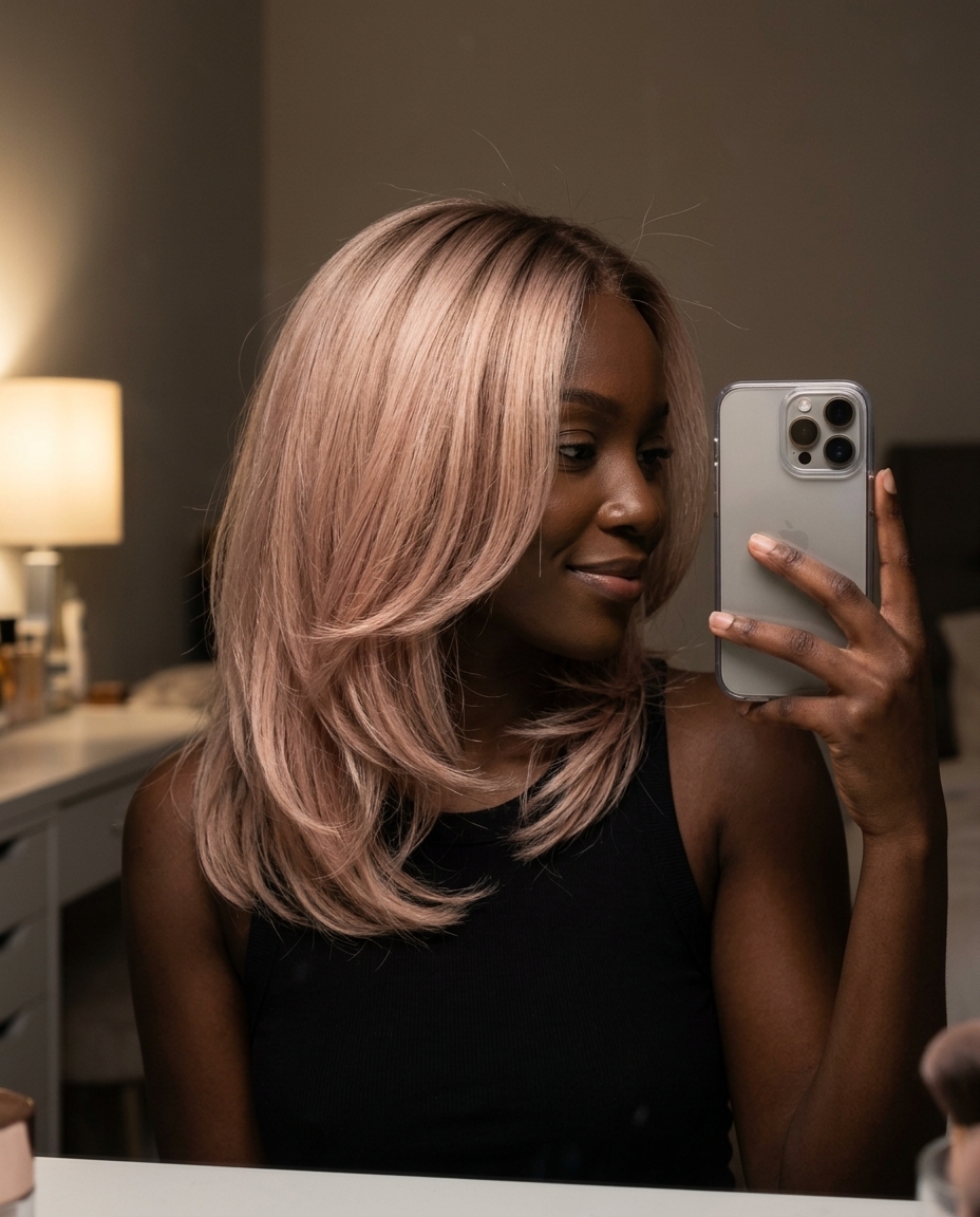 long champagne blonde color melt with rosy undertones, seamless blend, no fringe — romantic