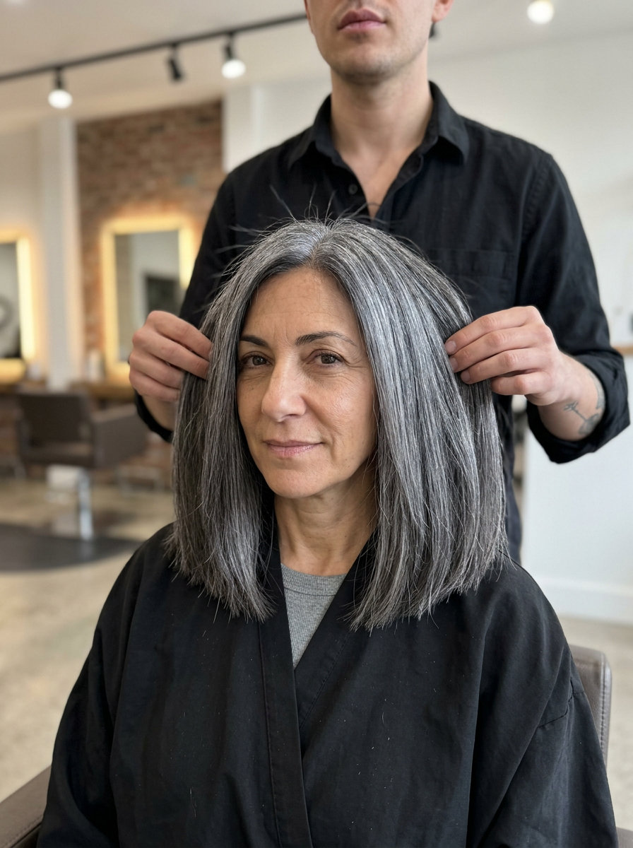 collarbone-length blunt haircut in charcoal silver with icy highlights, herringbone technique, no fringe — minimalist and sophisticated