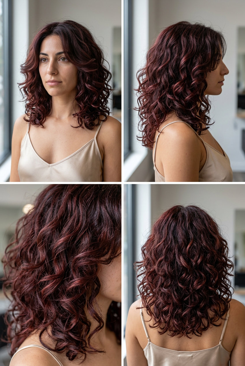 collarbone-length curly lob with cherry cola & violet undertones, face-framing layers for glamorous nights