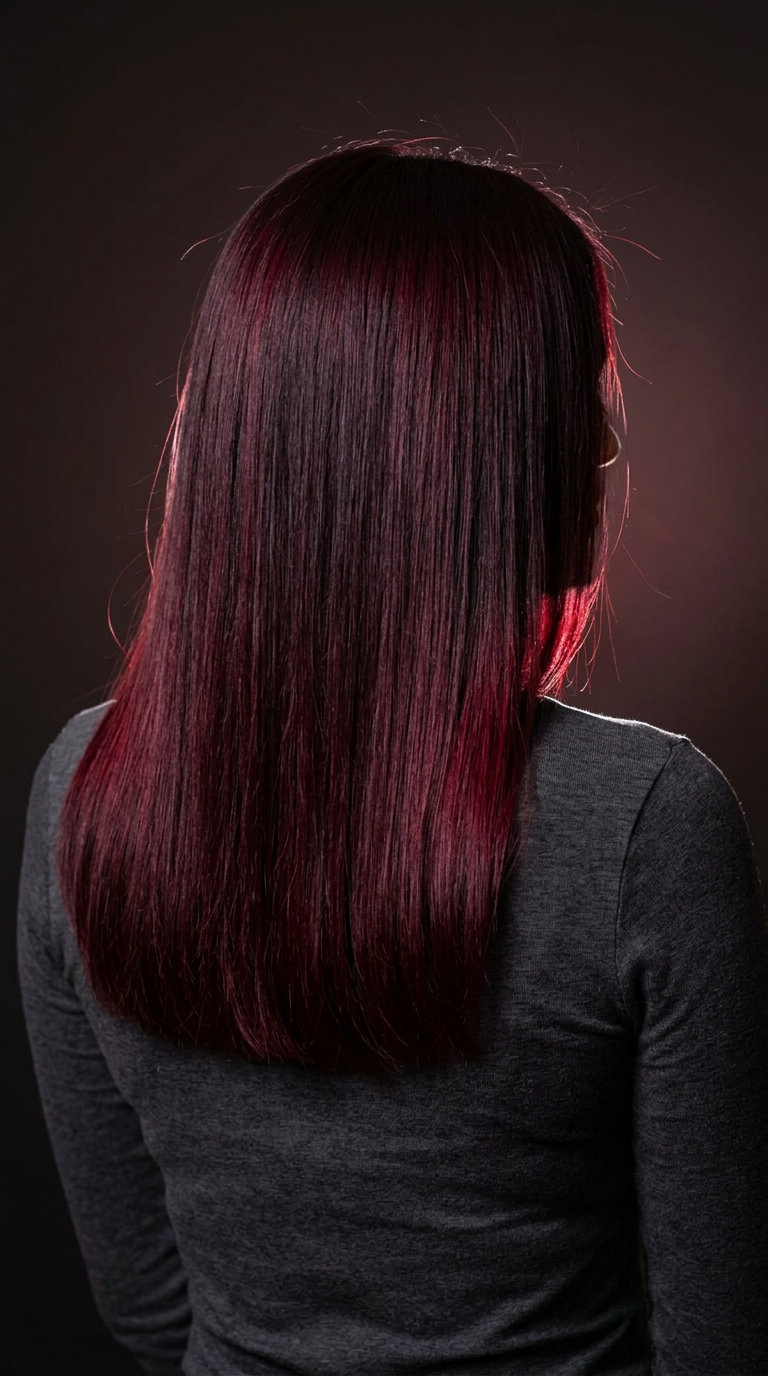 long deep cherry cola red hair color with sculpted waves and blunt cut for date night