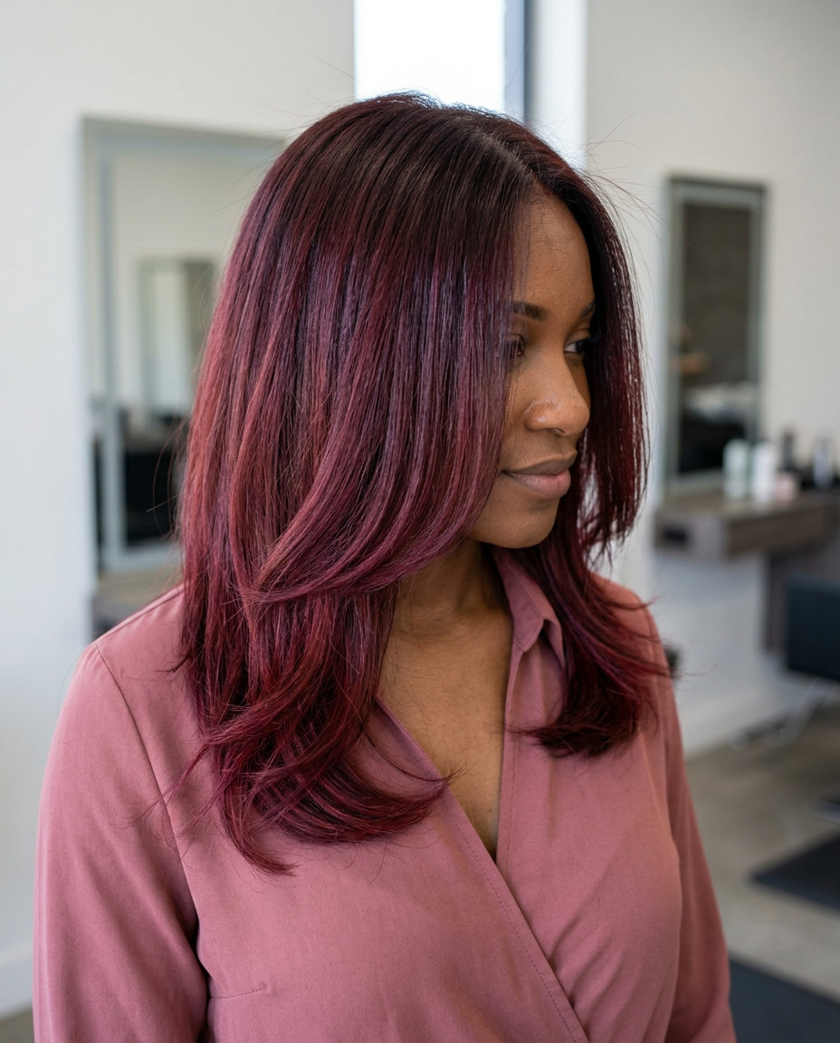 long cherry cola color melt with red-violet ends, seamless blend, no fringe — vibrant