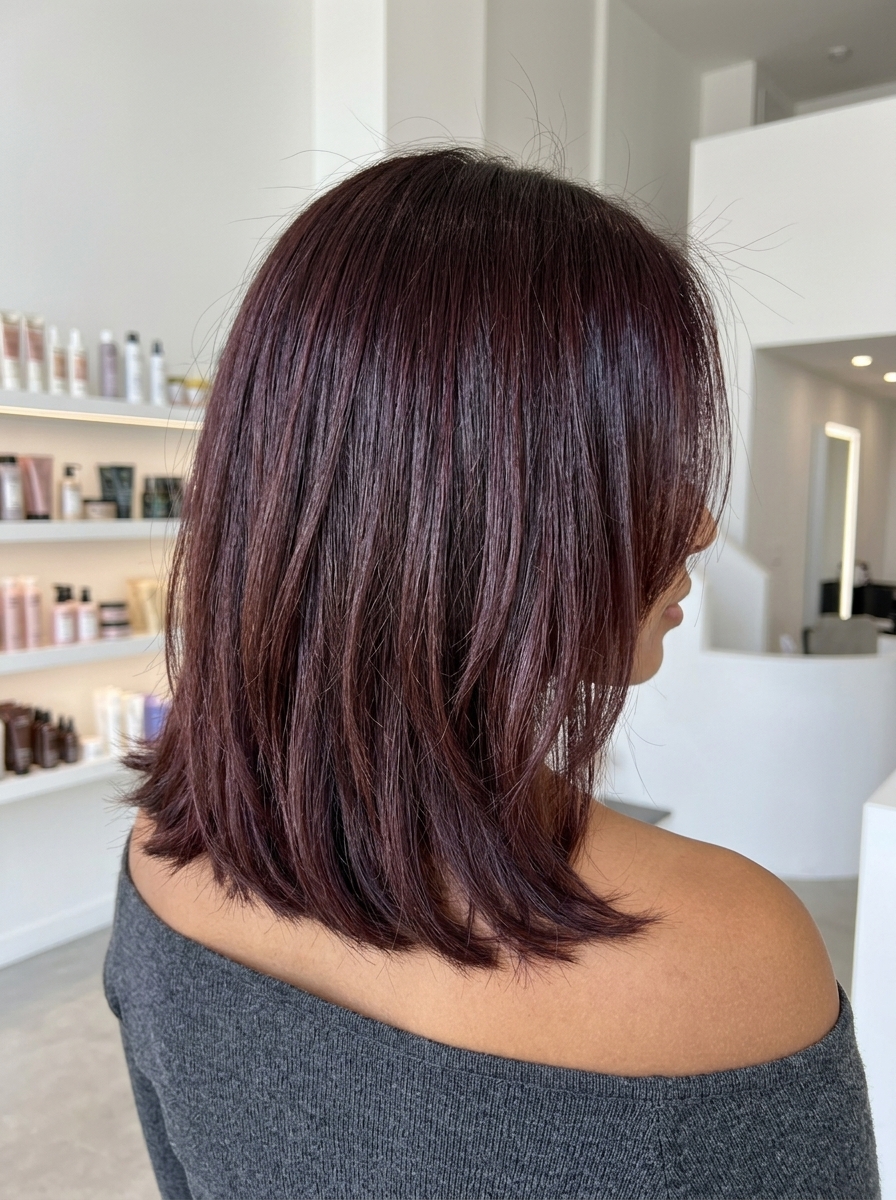 medium textured lob haircut with deep cherry cola brunette, violet-red undertones, side part — bold date night