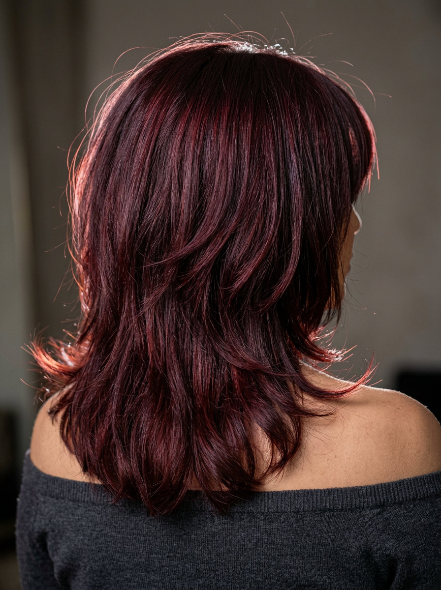 mid-length shag haircut in deep cherry cola with red-violet reflections, heavy fringe, textured layers — bold retro style