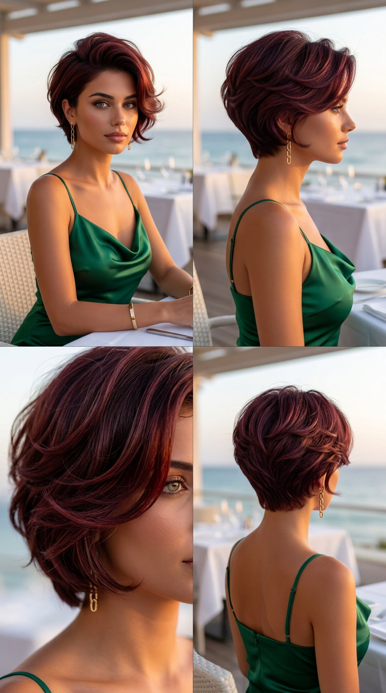short pixie haircut with cherry cola red color, voluminous waves and side-swept fringe for summer