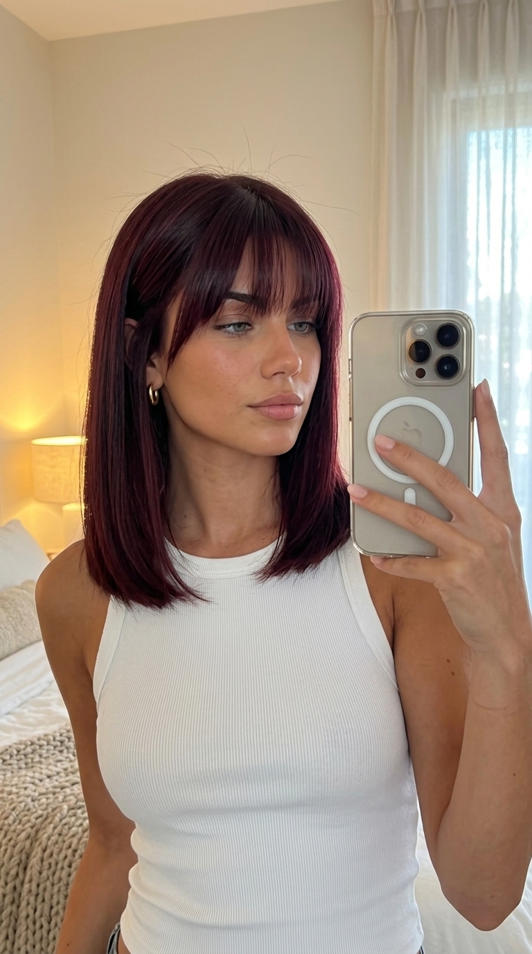 Cherry Cola Red Lob with Blunt Bangs 2026 shoulder-length lob haircut with cherry cola red, blunt bangs, sleek finish — professional sophistication