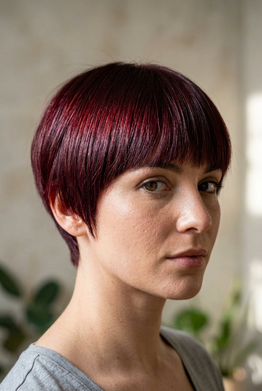 very short pixie haircut in cherry cola red with violet-red overlays, blunt cut for summer