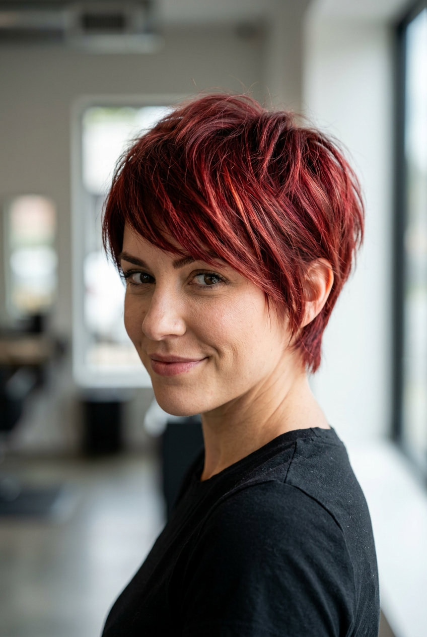 very short pixie haircut in cherry cola red with violet undertones, piecey for summer