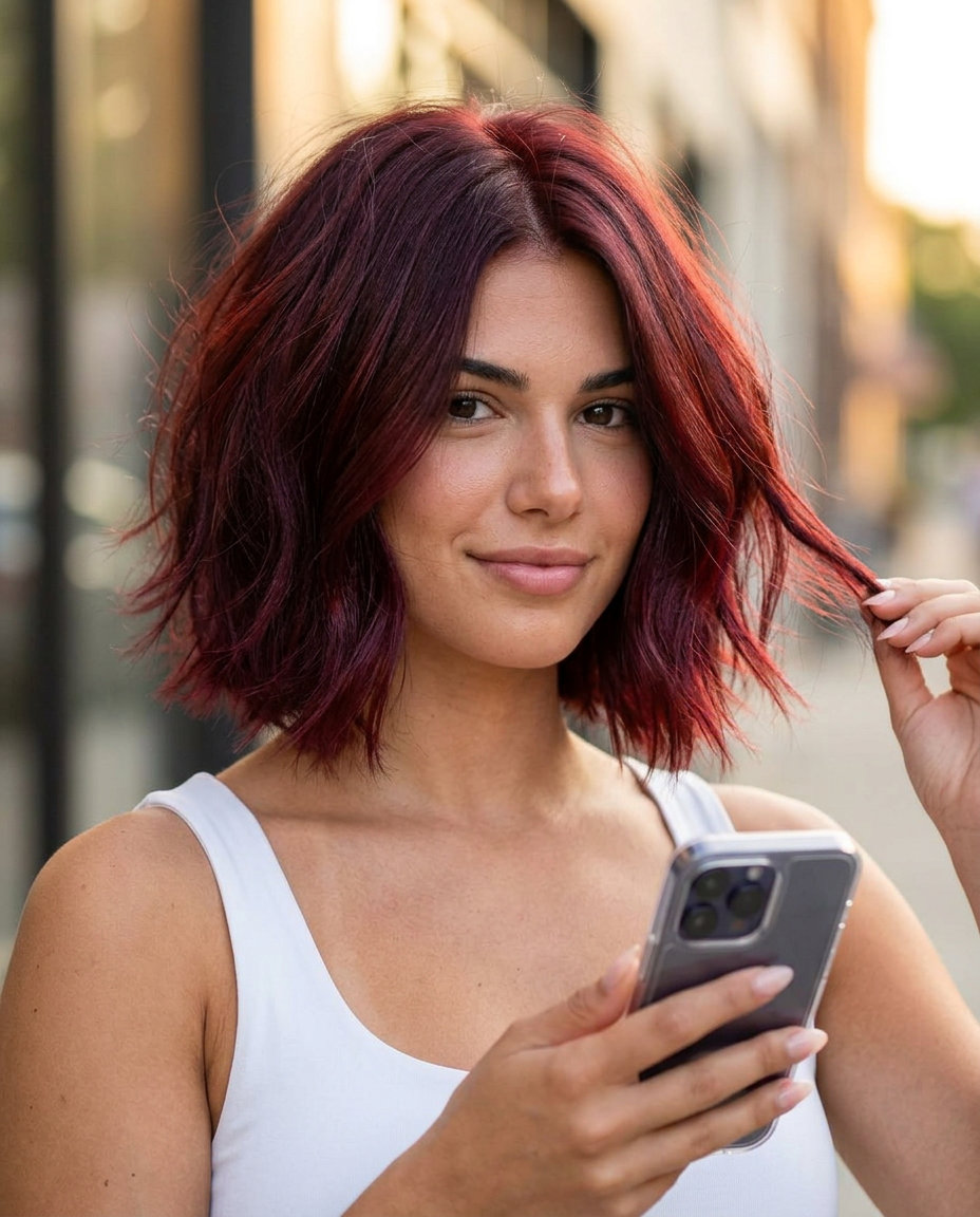 short cherry cola bob haircut with red-purple reflects, deep point-cutting, no fringe — playful flirty