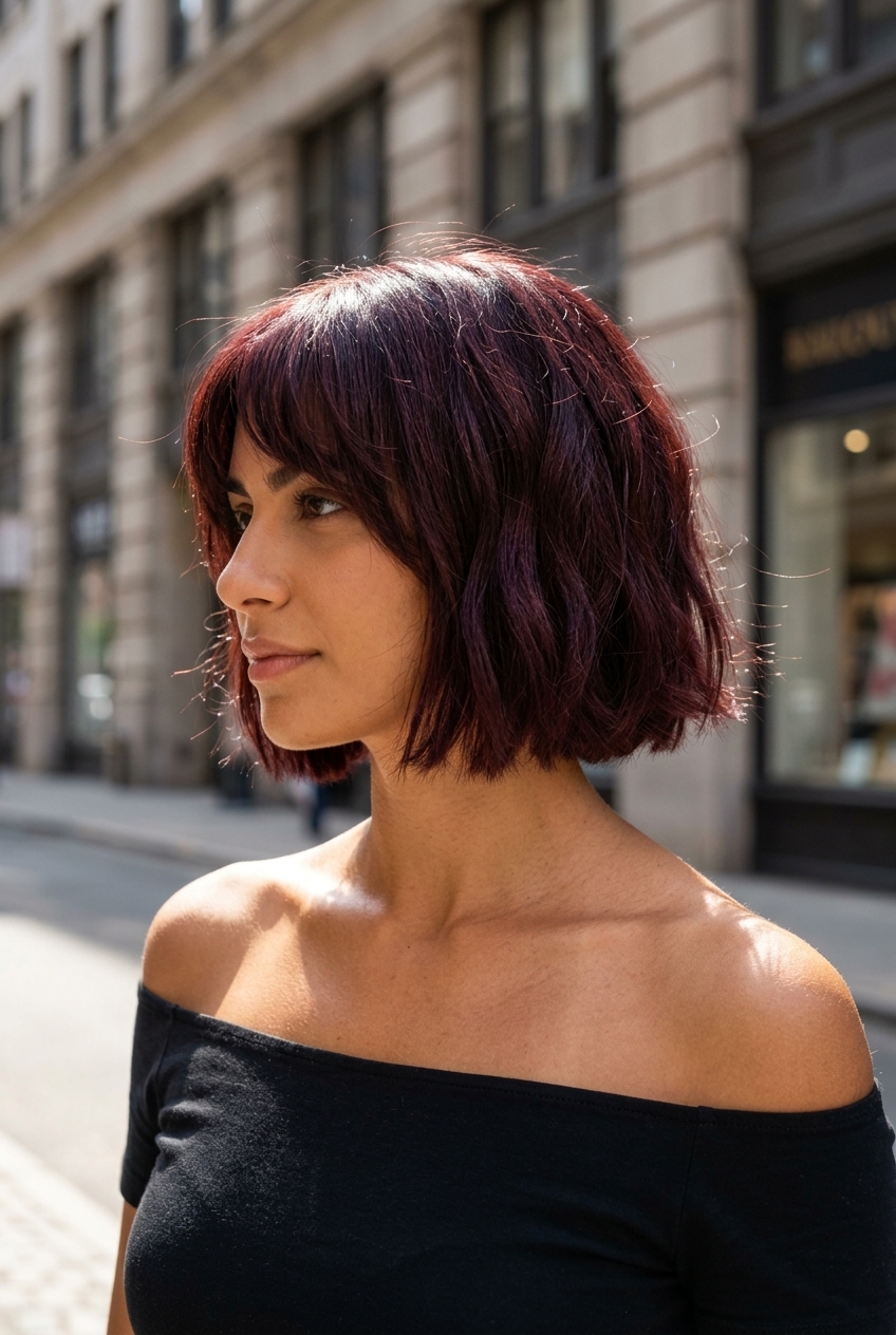 short deep cherry cola bob with textured layers and bottleneck bangs for music festival
