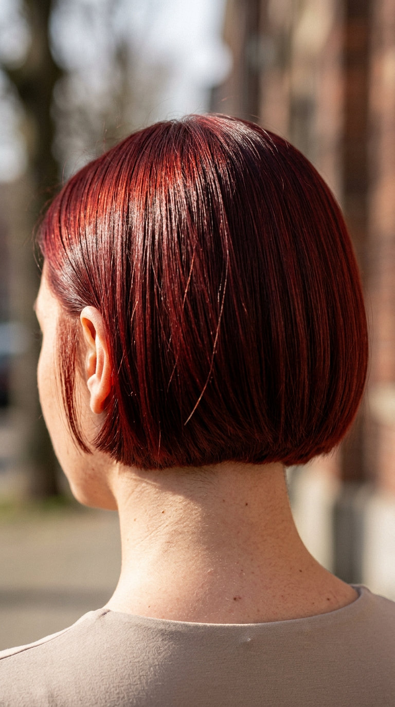 short french bob haircut in deep cherry cola red with violet undertones, sculpted shape, deep side part — glamorous date night style