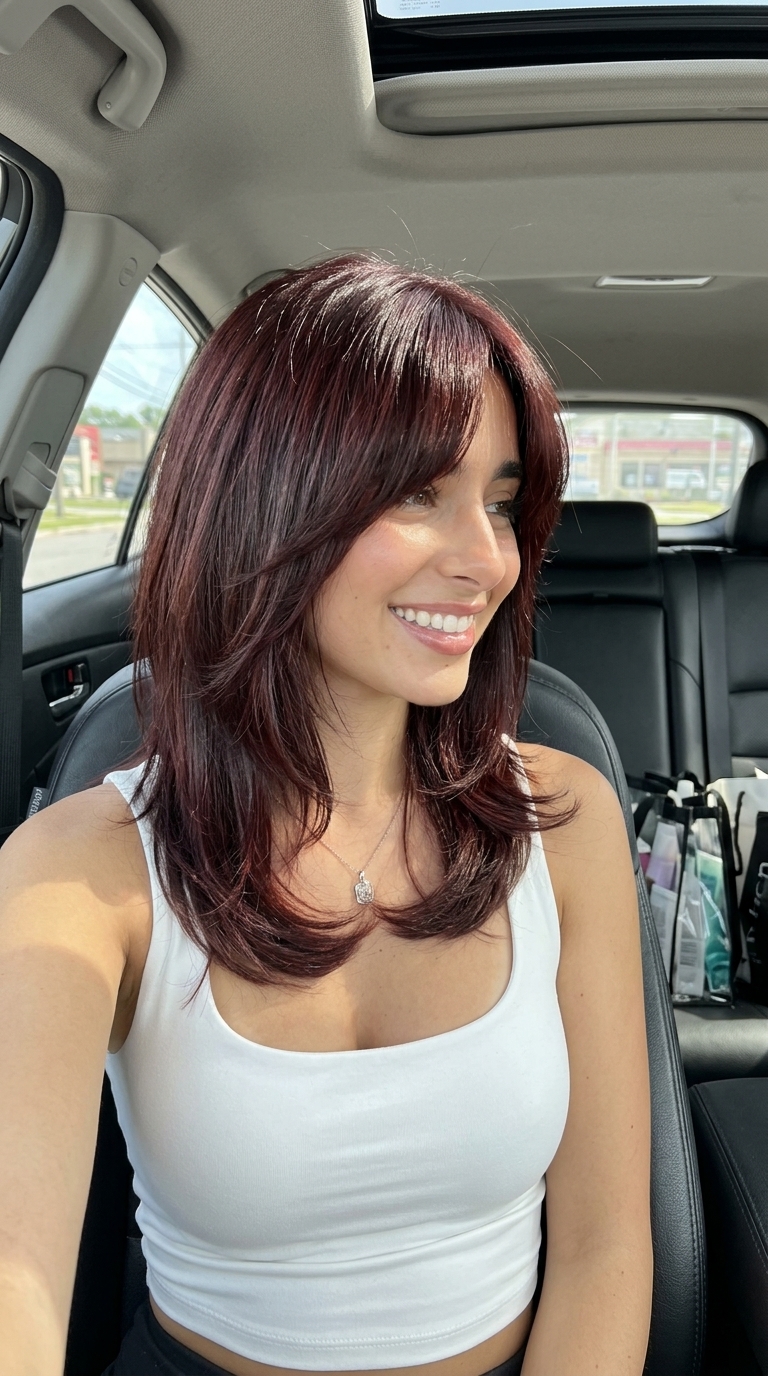 shoulder-length shag haircut in deep cherry cola with bottleneck bangs for summer